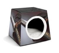 Japan Samurai Sword Cat Bed for Indoor Cats - Foldable Cat & Dog House with Removable Cozy Cushion, Waterproof Oxford Washable Pet House for Small Pets 13.8" X 13.8" X 11.8"