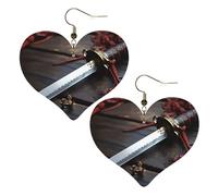 Japan Samurai Sword Leather Earrings for Women Heart Earrings Lightweight Dangle Drop Earrings Cute Jewelry Gift