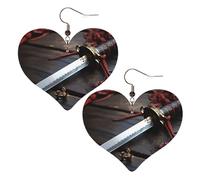 Japan Samurai Sword Leather Earrings for Women Heart Earrings Lightweight Dangle Drop Earrings Cute Jewelry Gift, One Size, No Gemstone