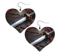 Japan Samurai Sword Leather Earrings for Women Heart Earrings Lightweight Dangle Drop Earrings Cute Jewelry Gift