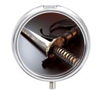 Japan Samurai Sword Pill Box Small Round Pill Case Portable Travel Pill Container Multi-Functional Moisture Proof Metal Medicine Pill Organizer Box for Vitamins Fish Oil