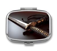 Japan Samurai Sword Pill Organizer with 2 Compartments Metal Square Pill Case Small Pill Box Portable Medicine Box Slim Travel Pill Container Medicine Organizer for Daily Use