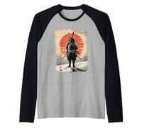 Japan Samurai Warrior Design - Ukiyo-e Style Ink Drawing Raglan Baseball Tee