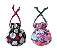 Japan Style Drawstring Pouch Japanese Fabric Kinchaku Pouch Cosmetic Bag Set of 2 Designs, Red, Green, Blue, Purple, Round Bottom