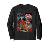 Japan Tiger Carrying Lantern with Mt Fuji at Night Long Sleeve T-Shirt