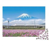Japan Train Mountain 1000 Piece Travel Puzzle for Adults Mount Fuji over Pink Flower Field Sunny Day Premium Sturdy Challenging Stress Relief 38x26cm/1000pcs