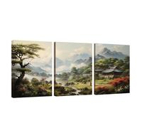 Japan Wall Art Landscape Canvas Wall Art Wooden Framed, Set of 3 Modern Artwork Painting on Canvas Print Pictures Posters for Living Hallway Bedroom Bathroom Room Decor Ready To Hang 30x45cm U1-917