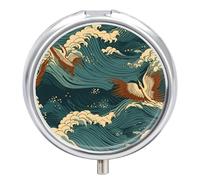 Japan Wave Wallpapers Pill Box 3 Compartment Travel Pill Organizer 3 Times A Day Cute Mini Pill Case for Purse & Pocket Portable Metal Medicine Box with Mirror Round Daily Medicine Vitamin Container