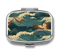 Japan Wave Wallpapers Pill Case Portable Medicine Organizer Compact Travel Pill Box Small Metal Medicine Box for Purse Pocket Pill Container Holder 2 Compartments Medication Holder