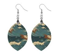 Japan Wave Wallpapers Wooden Earrings Lightweight Geometric Pendant Vintage Jewelry for Women Gift, Boho Wood Earrings for Daily & Special Occasions, Love, Wood, wood