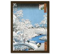 Japan Woodblock Winter Snow Scene Bridge Over River A4 Artwork Framed Wall Art Print Artery8 Brown One Size