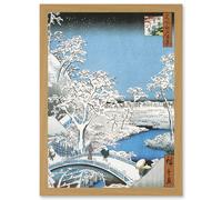 Japan Woodblock Winter Snow Scene Bridge Over River A4 Artwork Framed Wall Art Print Artery8 Light Oak One Size