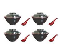 JapanBargain 3424, Soup Bowls with Lid and Spoon Set for Miso Soup Rice Poke Donburi Noodle Pasta Cereal Black and Red Color Japanese Style with Hook Spoon, 21 oz, Pack of 4