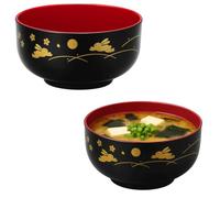 JapanBargain 4-Pack Japanese Lacquer Soup Bowls, Bunny & Moon Pattern, Black/Red Donburi Rice & Miso Bowls, 5-Inch, Made in Japan