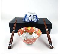 JapanBargain 4696, Set of 2 Japanese Porcelain Bowls and Chopsticks Set, Rice Bowls and Soup Bowls, Gift Boxed, Made in Japan, Blue/Pink Lucky Cat