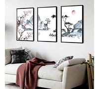 Japandi Style Landscape Posters Flowers Canvas Decoration Painting Black Frames Prints Wall Art Pictures For Living Room 50x70cm(20x28in) x3 With Frame