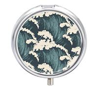 Japanese Abstract Black White Waves Seamless Pattern Iron Pill Box Case Organizer with Internal Separate Plastic Dividers, Travel Small Medicine Bag Holder Carrier Round Container