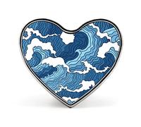Japanese Abstract Blue and White Waves Seamless Pattern Heart Brooch Pin, Unisex Smooth Surface Lapel Tie Pin, Lightweight Badge Jewelry Crafts Decor for Costume Accessory Men Women
