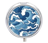 Japanese Abstract Blue and White Waves Seamless Pattern Iron Pill Box Case Organizer with Internal Separate Plastic Dividers, Travel Small Medicine Bag Holder Carrier Round Container