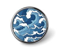 Japanese Abstract Blue and White Waves Seamless Pattern Round Brooch Pin, Unisex Smooth Surface Lapel Tie Pin, Lightweight Badge Jewelry Crafts Decor for Costume Accessory Men Women