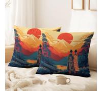 Japanese, Abstract, Warm Cushion Covers Set of 2 Pack 60 x 60 CM - No Pillow Insert Decorative Covers Magnificent, Mountain, Sun, Geisha for Sofa Bed Couch Outdoor Home Decorations
