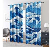 Japanese Abstract Waves Blackout Curtains, 72 Drop, Blue Wave Printed Curtains for Living Room, Bedroom, Eyelet Drapes for Window Home Decor, 66x72 Inch 2 Panels l5ax1-24
