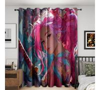 Japanese Anime Blackout Curtains Bedroom 66x90, Anime Girl Curtains for Home Decor, Living Room, Thermal Eyelet Patterned Window Drapes, 90 Inch Drop 2 Panels A72