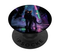 Japanese Anime Cat in Rainy Futuristic City at Night PopSockets Adhesive PopGrip