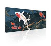 Japanese Anime Gaming Mouse Pad XL Red White Koi Fish Art Blue Gold Texture Extended Big Large Desk Mat Non-Slip Rubber Base Stitched Edge Long Keyboard Mousepad for PC Computer laptop,31.5×11.8 in
