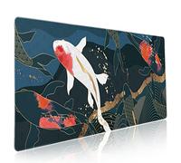 Japanese Anime Gaming Mouse Pad XXL Red White Koi Fish Art Blue Gold Texture Extended Big Large Desk Mat Non-Slip Rubber Base Stitched Edge Long Keyboard Mousepad for PC Computer Laptop,35.4×15.7 in