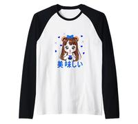 Japanese Anime Panda Teens Kawaii Boba Tea Hearts Blue Raglan Baseball Tee