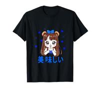 Japanese Anime Panda Teens Kawaii Boba Tea Hearts Blue T-Shirt