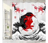 Japanese Anime Shower Curtain for Bathroom, Black and White Yin Yang Koi Fish Shower Curtains Set, Asian Kanagawa Great Wave Cherry Blossom Restroom Decor Accessories Hooks Included 69X70inches