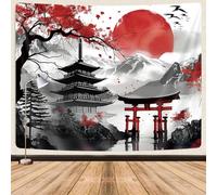 Japanese Anime Tapestry, Cool Japan Cherry Blossom Floral Mountain Sun Asian Oriental Abstract Art Tapestry Wall Hanging for Men, Red and Black Tapestries Aesthetic for Living Room College, 60x40