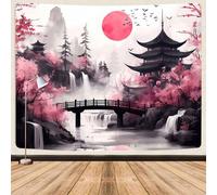 Japanese Anime tapestry, Cool Japan Cherry Blossom Floral Mountain Waterfall Sun Asian Oriental Abstract Ink Art tapestry, Black Pink Nature Landscape Tapestries for Living Room College Dorm, 40X30IN