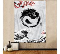 Japanese Anime Wave Sakura Tapestry, Black and White Yin Yang Chinese Dragon Art Tapestries Vertical Wall Hanging for Bedroom Living Room Office Decor 40X60", Cool Asian Poster Blanket