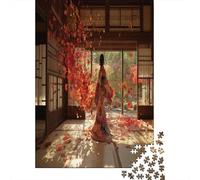 Japanese Architecture, A Young Girl, And Swirling Maple Leaves Jigsaw Puzzles Challenge Toy Educational Games Home Decoration for Adults& Teenager Age 14 Years Up 70x50cm/1000pcs