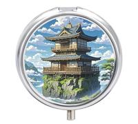 Japanese Architecture Pill Box 3 Compartment Small Pill Case for Purse Or Pocket Mini Metal Pillcase Medicine Organizer, Round Daily Medicine Container to Hold Vitamins, Fish Oil