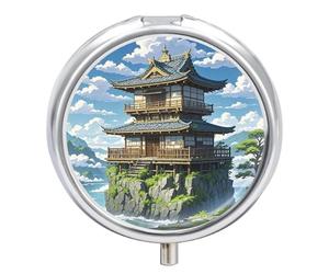 Japanese Architecture Pill Box 3 Compartment Small Pill Case for Purse Or Pocket Mini Metal Pillcase Medicine Organizer, Round Daily Medicine Container to Hold Vitamins, Fish Oil