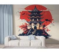 Japanese Architecture Wall Mural, Self Adhesive Wallpaper Peel and Stick, Watercolor Geometric Home Decor Photo Wallpaper, Silk Cloth Wall Sticker for Living Room & Bedroom, 450x315 cm - K-412