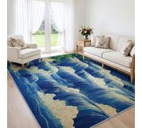 Japanese Area Rugs for Living Room 60 x 90 cm, Machine Washable Landscape Blue Waterfall Wavy Texture Rugs for Bedroom, Soft Short Pile Non Slip Carpet for Lounge, Dining Room, Home Office, Nursery