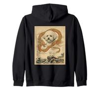 Japanese Art Bichon Frise Dragon Retro Great Wave Vintage Zip Hoodie