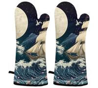 Japanese Art Ship Cherry Blossoms Heat Resistant Oven Mitts, Flexible Kitchen Gloves for Baking, Grilling, Cooking, Microwave & Air Fryer