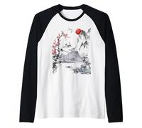 Japanese Art Tree Red Moon With Birds Flying in Background Raglan Baseball Tee