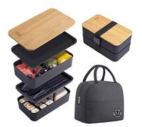 Japanese Bamboo Bento Box with Compartments and Utensils Stackable Lunch Box Includes Lunch Bag for Meal Prep Black