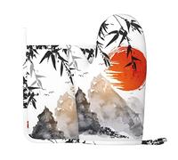 Japanese Bamboo Sun Oven Mitts and Pot Holders Sets Print Kitchen Microwave Oven Oven Gloves to Prevent Burns