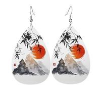 Japanese Bamboo Sun Printed Teardrop Pendant Leather Earrings | Lightweight and Versatile Earrings | Suitable for Daily Commute and Date Wear