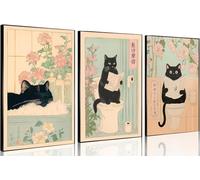 Japanese Black Cat Bathroom Wall Art Funny Black Cat on a Toilet Paintings Prints Posters Japan Cat Canvas Wall Decor Aesthetic Minimalism Relaxing for Toilet Restroom Bathroom Home 16x24x3in Unframed