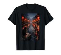 Japanese Black-Cat Dark Aesthetic Cat Rainy Street Scene T-Shirt