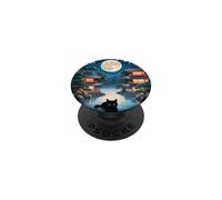 Japanese Black Cat in Lake Temples Moon PopSockets Adhesive PopGrip